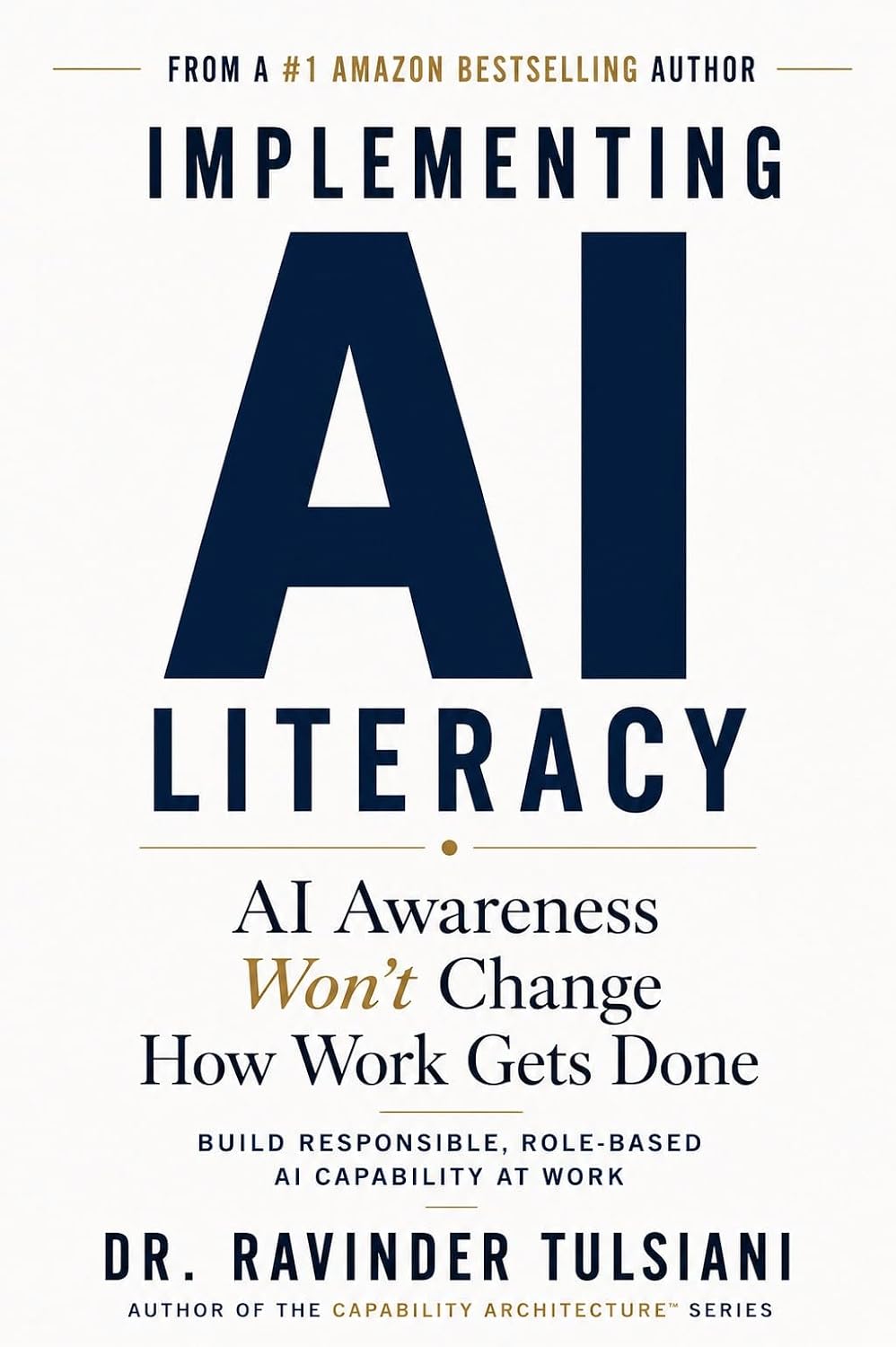 Book cover: Implementing AI Literacy by Ravinder Tulsiani, DBA